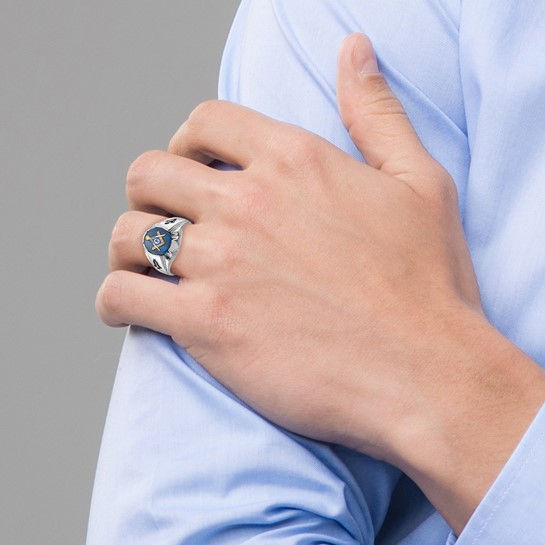 Thumbnail: 14k White Gold Men's Polished, Antiqued and Grooved with Imitation Blue Spinel M