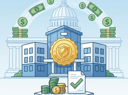 School building with government grant funding symbols representing federal and state school safety grant programs for K-12 districts