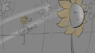 An illustration of a sunflower playing a guitar to gain the attention of another sunflower.
