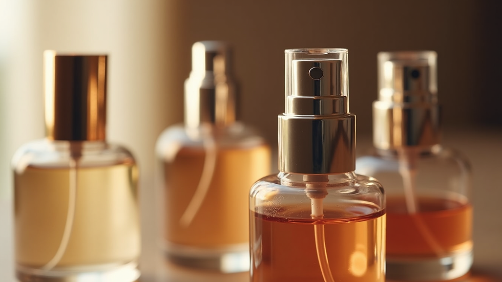 Close-up view of perfume bottles showing different spray nozzles