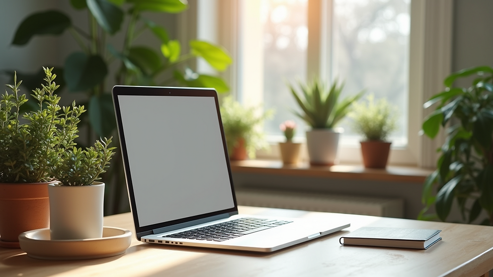 Eye-level view of a cozy home workspace with a laptop and plants