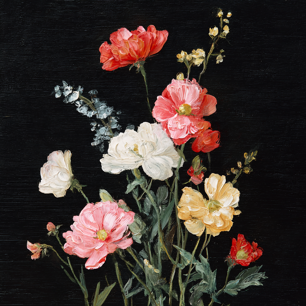 A Painting of flowers on a black gesso primed canvas