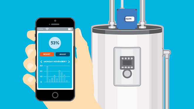 Eye-level view of a smart water heater with an interactive control interface