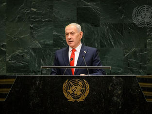 Il Primo Ministro, Benjamin Netanyahu mentre pronuncia il suo discorso all'81° Assemblea generale dell'Onu