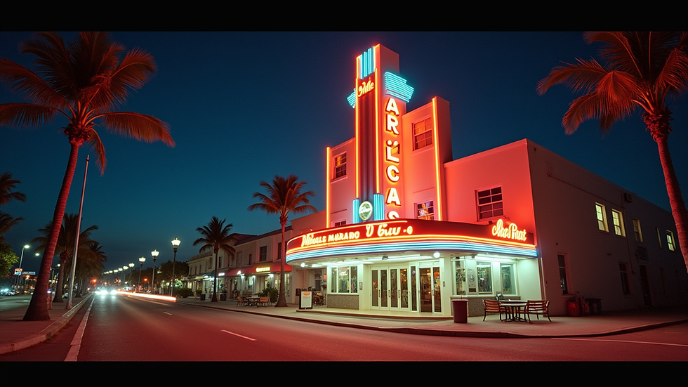 Wide angle view of neon-lit Art Deco hotel at night on Ocean Drive