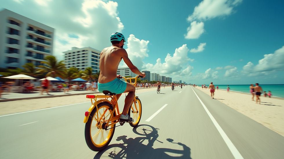 High angle view of a colorful pedal-powered party bike cruising Miami Beach