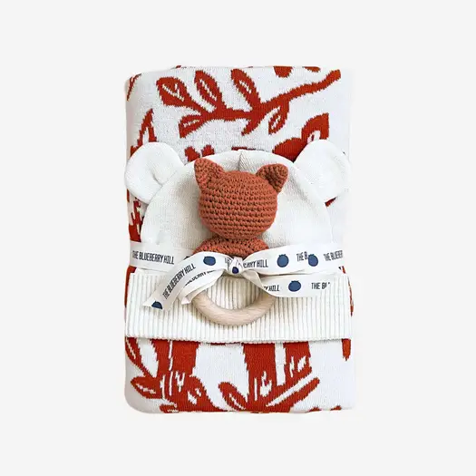 Fox Baby Gift Set - Cotton Blanket, Rattle Teether, Hat