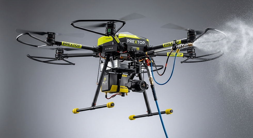 High-tech cleaning drone close-up, dark blue and teal tones