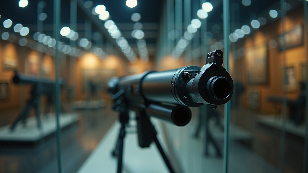 Eye-level view of a machine gun displayed in a glass case at a collector’s exhibition