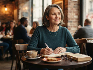 Smiling gray-haired woman writes in notebook at a café table with coffee, book, and glasses; warm, busy, sunlit interior.