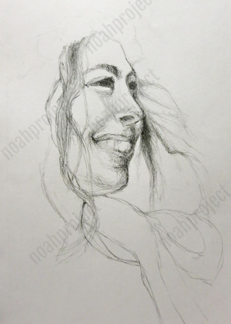 Face of joyful bride with hair blowing in breeze drawn in graphite/pencil.