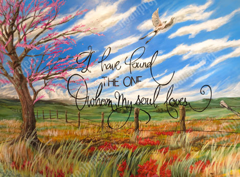 Windblown prairie of Oklahoma with bright clouds featuring blossoming redbud tree, scissortail, and prairie flowers with barbed wire fence and verse from Song of Songs, painted in acrylic on wood panel.