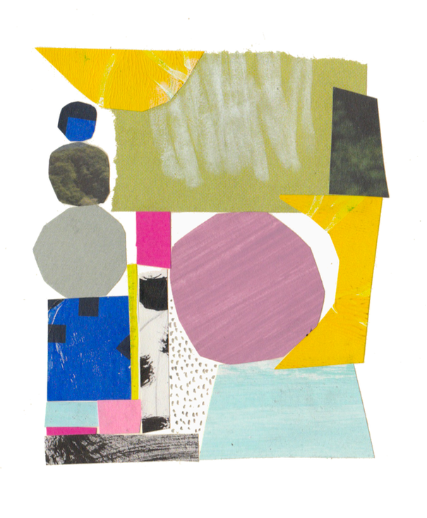 Collage artwork with bold abstract shapes with bright colors and interesting textures. 