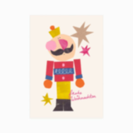 Cute nutcracker man postcard with big pink nose and cheeks smiling surrounded by Christmas stars.