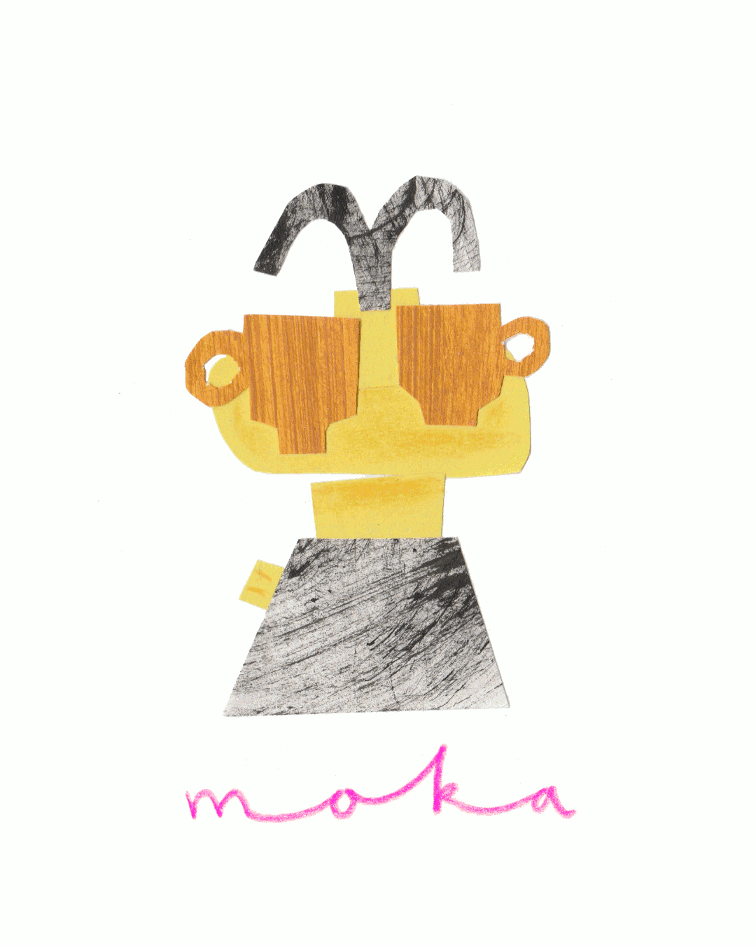 A selection of coffee pots made from colourful cut out paper shapes with bold colours and design. 