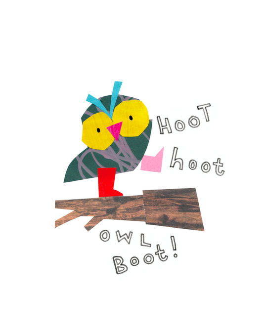 A cute owl character wearing boots made from colourful cut out paper shapes.