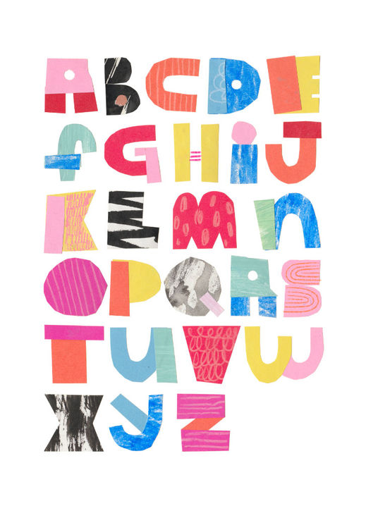 Colourful and textured  pieces of paper stuck together to create the letters of the alphabet.