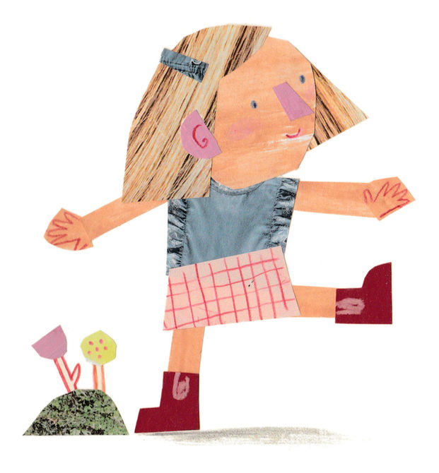 A cute girl character dancing, wearing red boots, made from colourful cut out paper shapes, unique arty style for childrens publishing. 