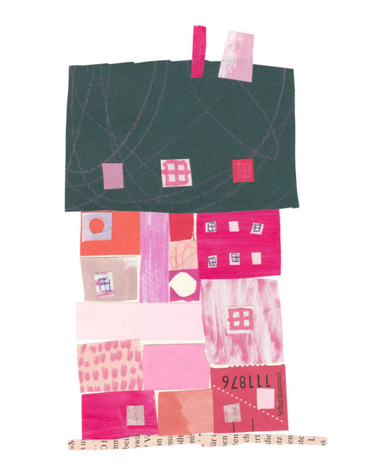 A fun and colourful house made from bold cut out paper shapes, unique arty style for childrens publishing. 