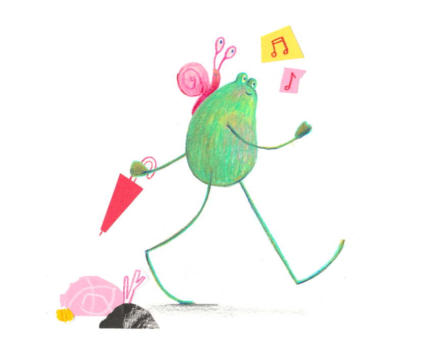 Artwork of a happy frog holding umbrella and walking briskly with a snail on its back
