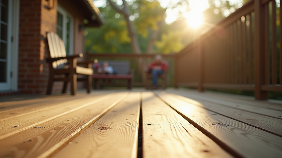 Eye-level view of a backyard deck with sunlight and shadows