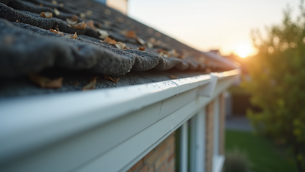 Eye-level view of clean gutters on a house roof
