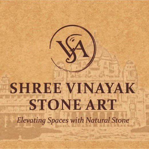 Tan background with "Shree Vinayak Stone Art" in bold and "Elevating Spaces with Natural Stone" below. Subtle building outline. Elegant feel.