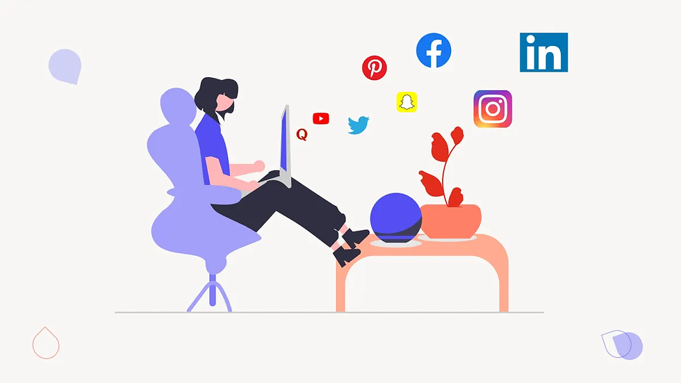 Person in a blue chair using a laptop. Social media icons float around. Plant on an orange table. Minimalist design, calm mood.