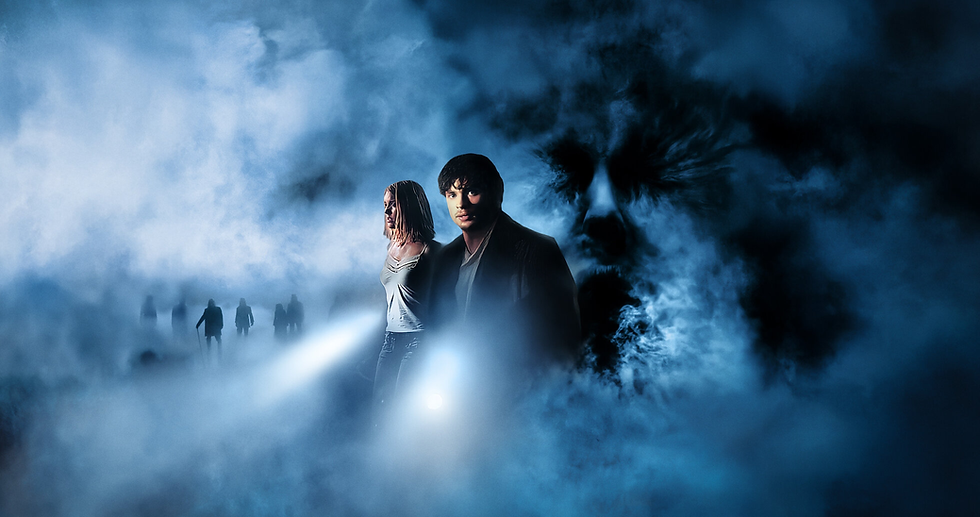 Two people stand in eerie blue fog holding flashlights, silhouettes in the distance. A dark face emerges from the mist, creating suspense.