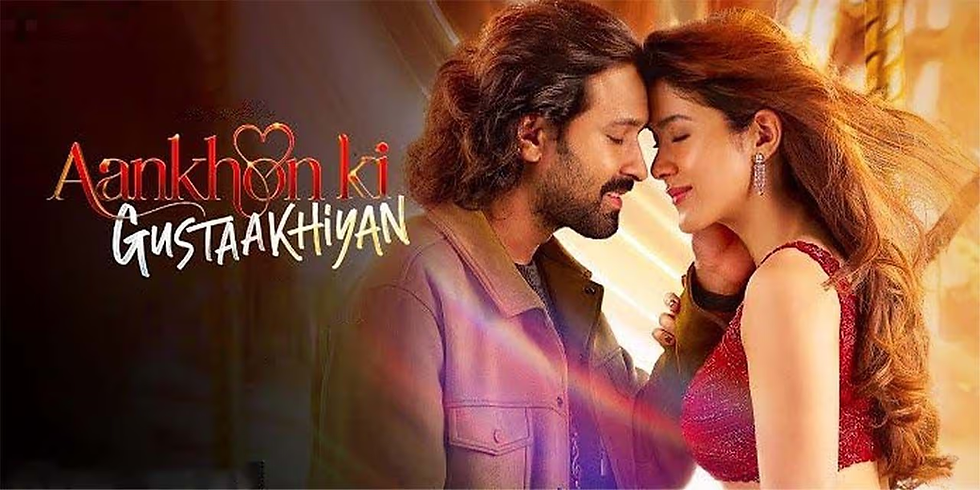Man and woman touch foreheads, eyes closed, in warm light. She wears a red dress. Text: Aankhon Ki Gustakhiyan. Romantic mood.