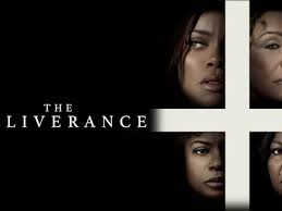 Four faces partially obscured by a white cross on a black background. Text: "THE LIVERANCE." Mysterious and intense mood.