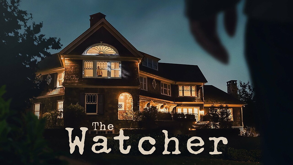 Large house at night with lit windows, person visible inside. Silhouette in foreground. Text reads "The Watcher." Eerie mood.