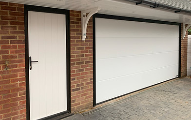Hormann LPU42 with black frame and l ribbed silkgrain white and matching side door