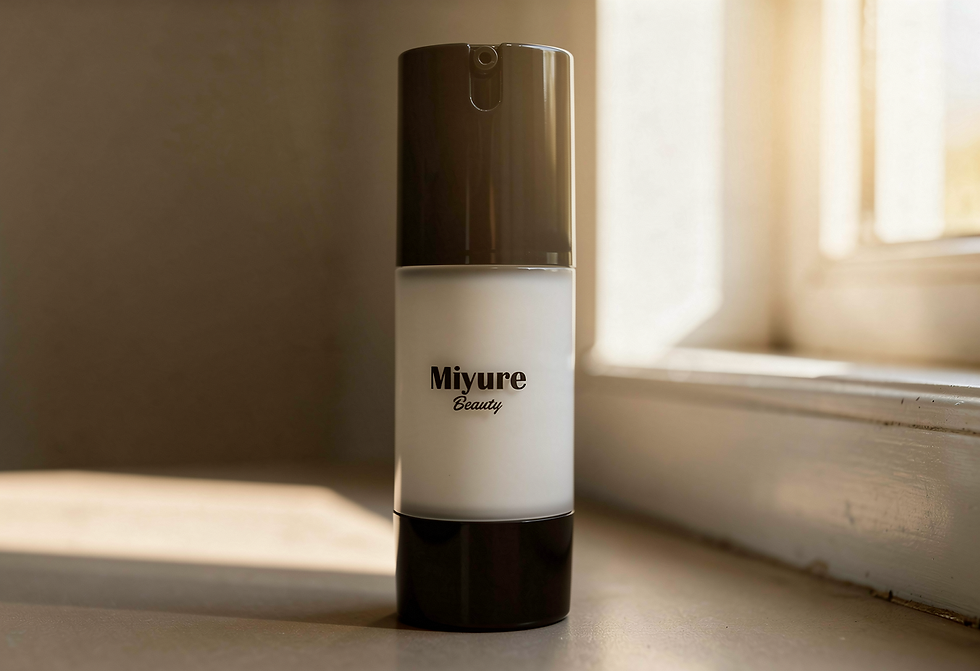 Beauty product bottle labeled Miyure Beauty on a sunlit windowsill. The bottle is black and white, creating a calm and elegant mood.