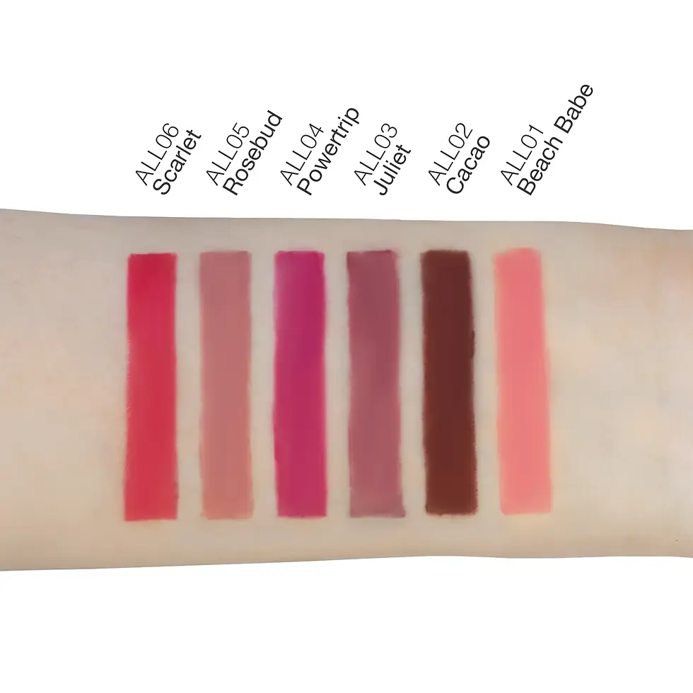 Makeup swatches: Scarlet, Rosebud, Powership, Juliet, Cacao, Beach Babe