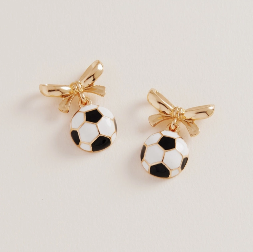 Gold Bow & Soccer Ball Drop Earrings