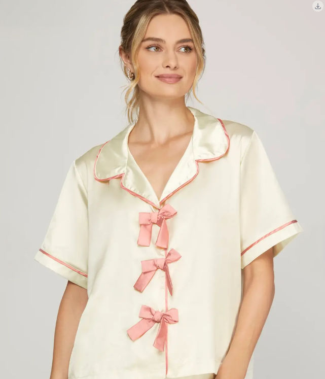 “Pretty in Pink Bows” Satin Pajama Set