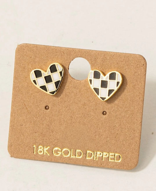 Checkered Heart Stud Earrings – 18K Gold Dipped