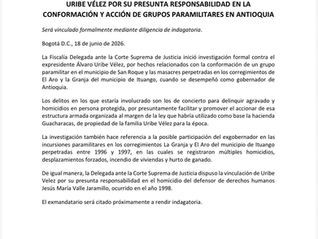 Fiscalía abre investigación contra expresidente Uribe por posible participación en masacres en Ituango