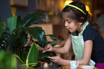 Child caring for plants and connecting with nature.