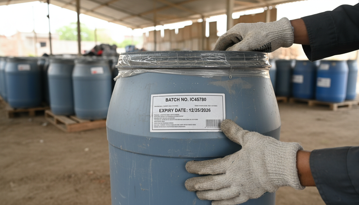 Close-up view of a worker checking the label on a sealed chemical container