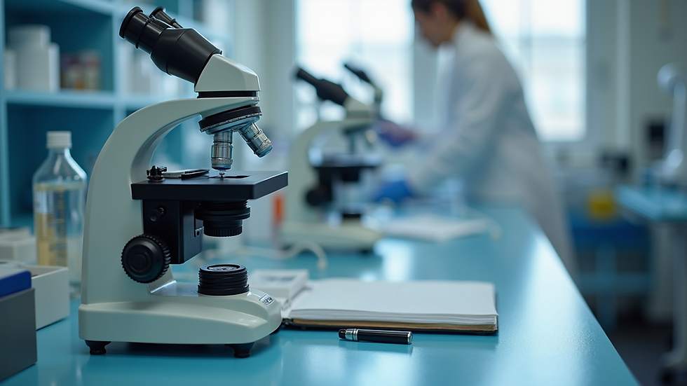 Plano detalle de un microscopio y material de laboratorio en un entorno educativo