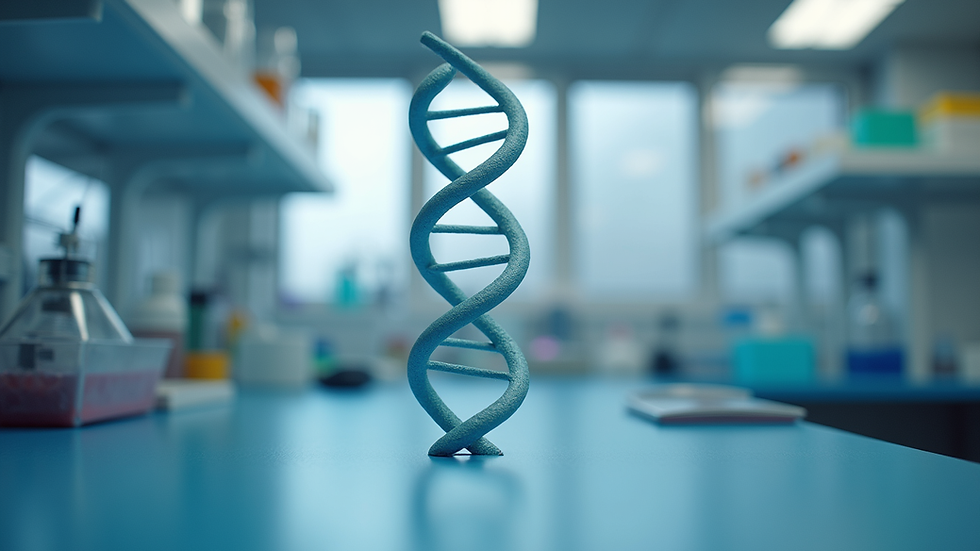 Eye-level view of a DNA double helix model on a laboratory bench