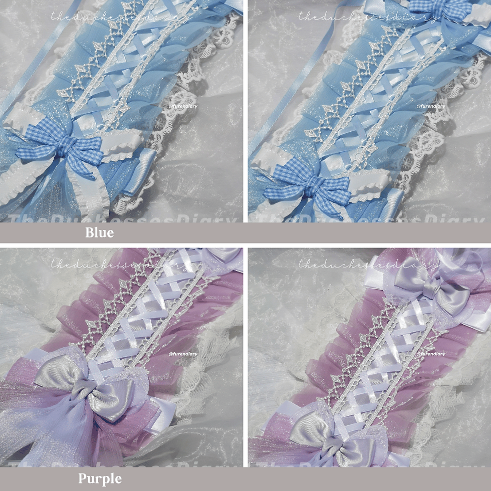 Thumbnail: First Row Blue Headdress & Second Row Purple Headdress. Both are with white ribbon laced in the middle, accompanied with 2 bows with respective colors (blue/purple)  with white on each side.