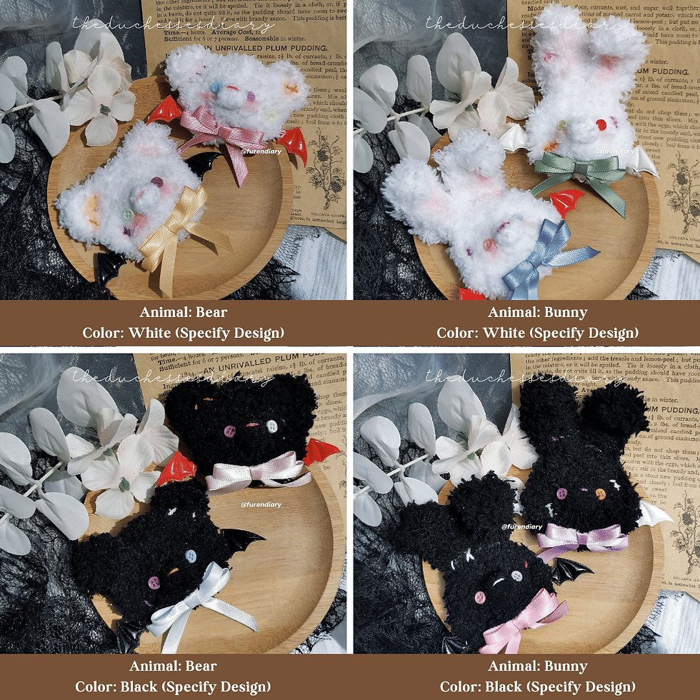 An array of Bear & Bunny Brooches that come in both black and white colors which have button eyes specifically designed to match the Halloween season