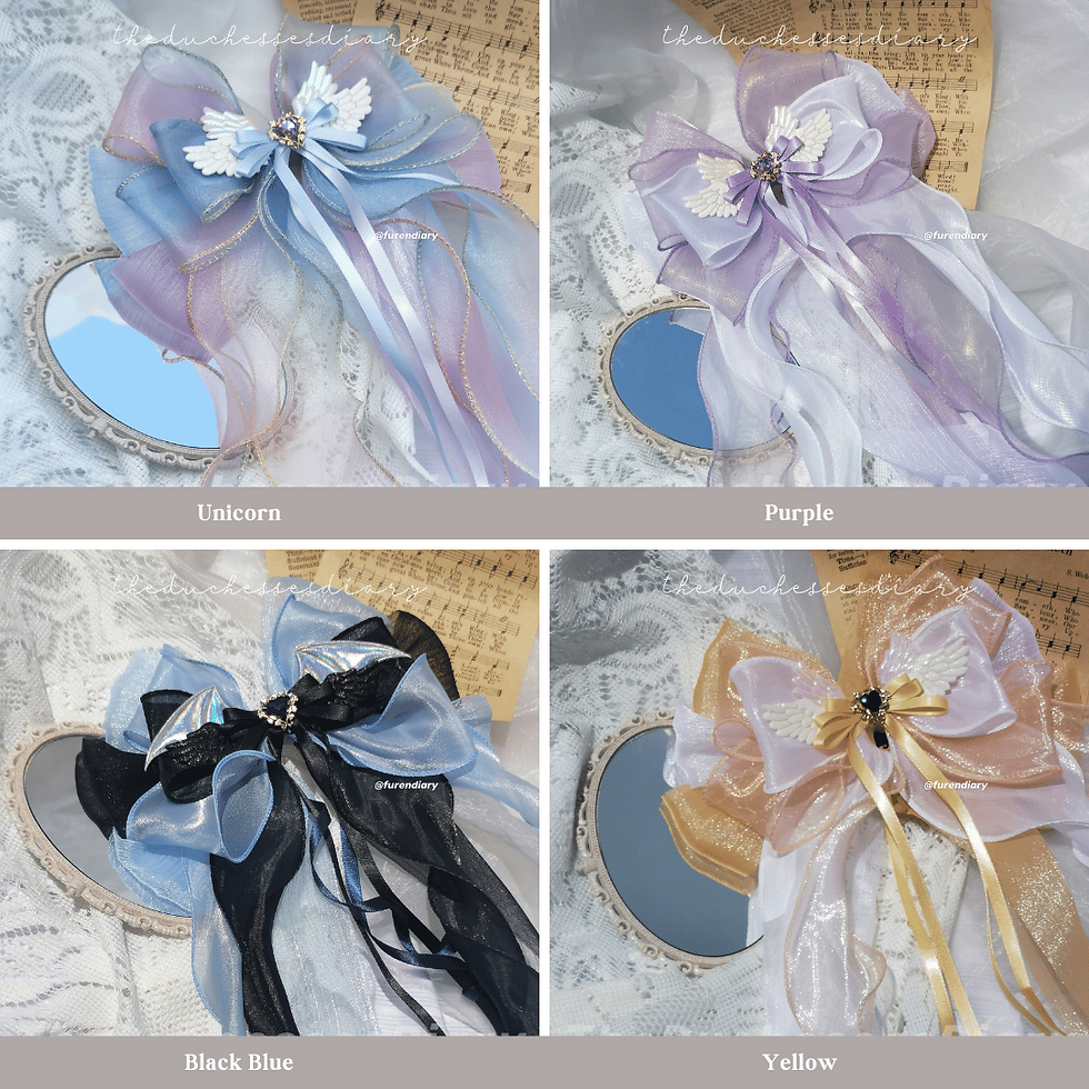 From the left top row Blue Purple, Purple White colored ribbons. From the left bottom black blue, yellow white. All ribbons come with a heart trinket in the middle layered on top of 4 wings.