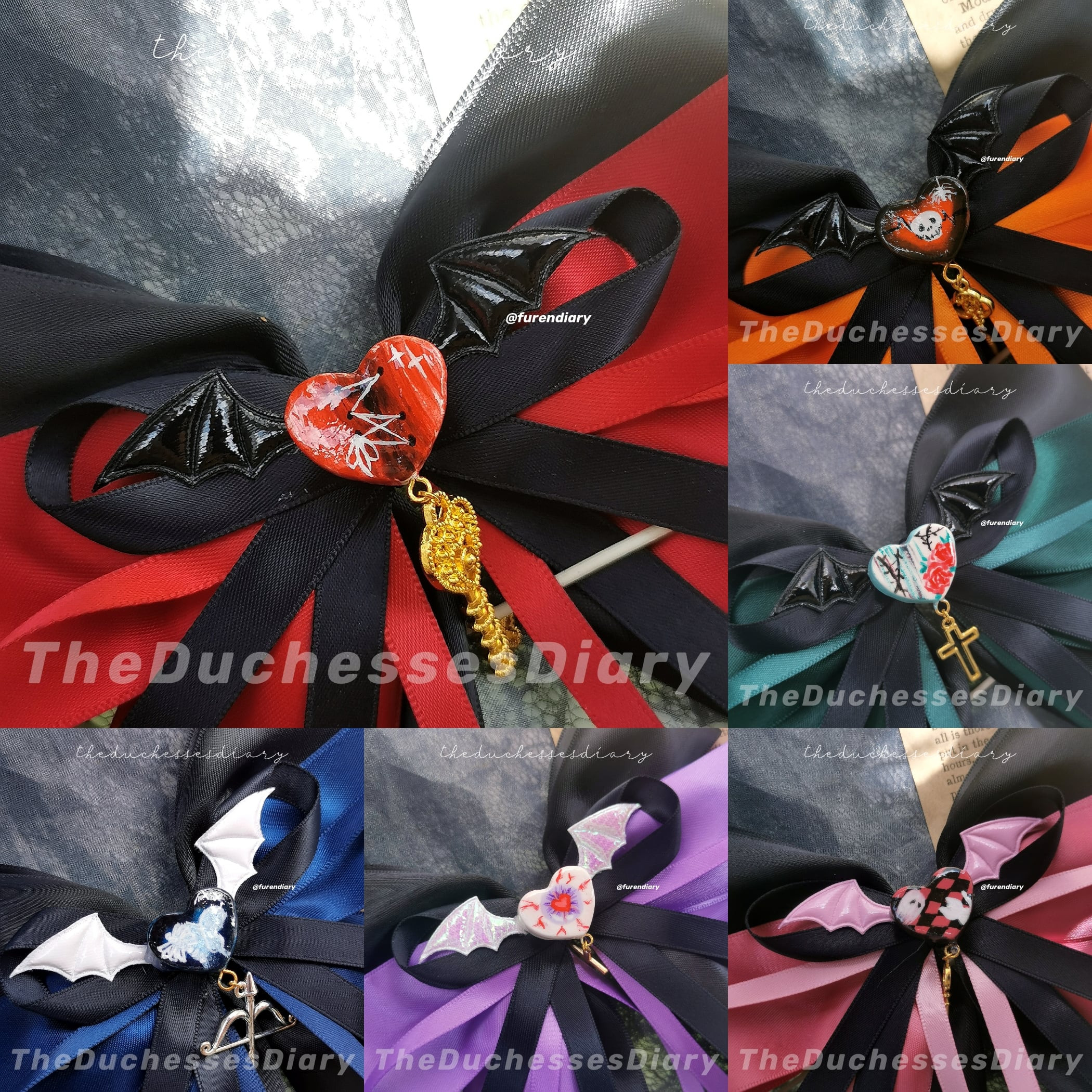 Close up photo of hand painted on heart clay trinkets on our Halloween Hair Ribbons