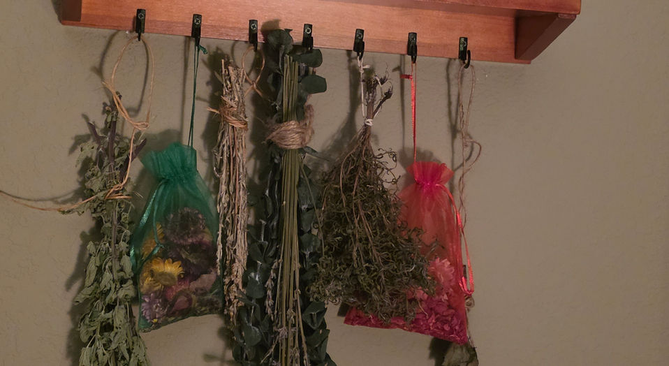 One of many racks of herbs drying