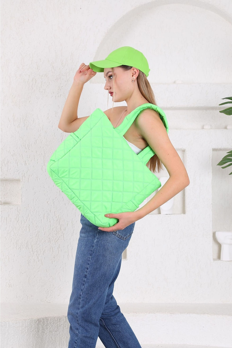 Kadın Yeşil Kapitone Detay Çanta Büyük Çanta Su Geçirmez El Ve Omuz Çantası