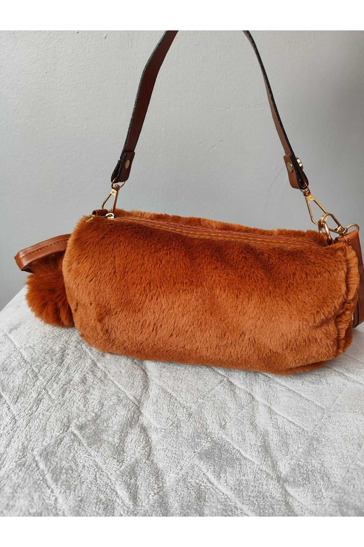 Kadın Taba Ponponlu Peluş El Ve Omuz Çantası Sevgililer Gününe Özel Hediye